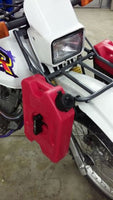 DR200 front rack attached to bike with bag supports and RotoPax fuel cells